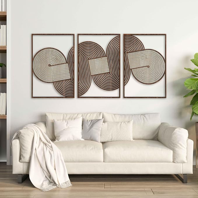 Minimalist Lines Wood Wall Art Set of 3, Geometric Mid Century Modern Wooden Wall Decor, Abstract Endless Flow Panels, Boho Home Gift for Living Room and Bedroom