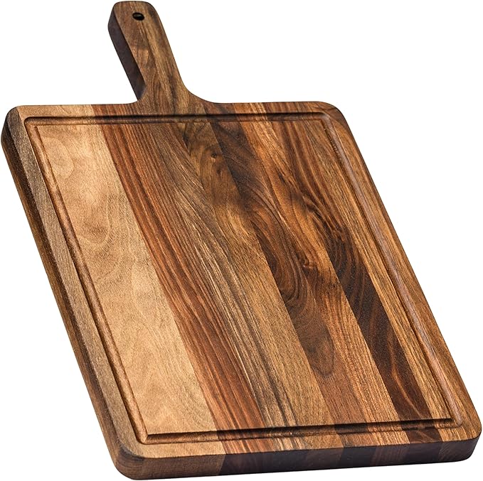 Premium American Dark Walnut Wood Cutting and Serving Board with Handle - Charcuterie Wooden Board - Durable, Stylish, and Versatile - Juice Groove - 19x11x0.8 in - Woodie Poppins (Large)