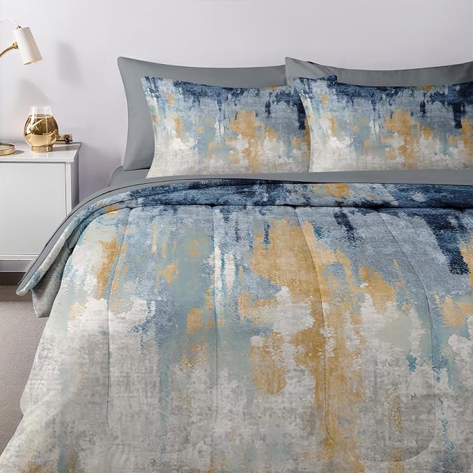 Nesker 5 Pcs Comforter Set Twin Size, Abstract Oil Painting Bedding Set for Kids and Adults, Navy Blue Gray Gold White Bed Sheet Sets with Fitted Sheet Pillowcase & Sham