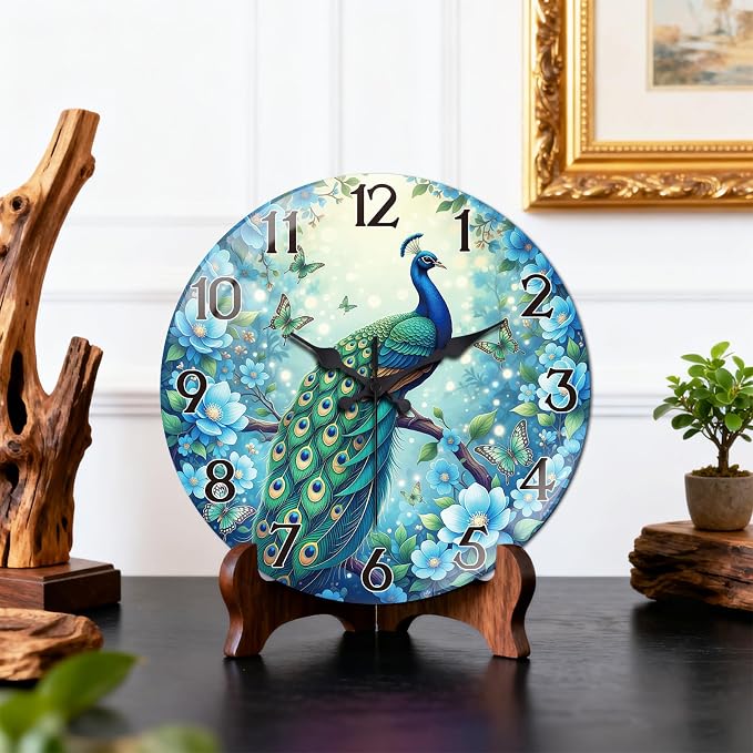 peacoblue Wall Clocks Battery Operated 12 Inch Peacock Glass Round Wall Clock Non Ticking for Kitchen Living Room Dining Room Bedroom and Bathroom Decor Accessories (Battery not Included)