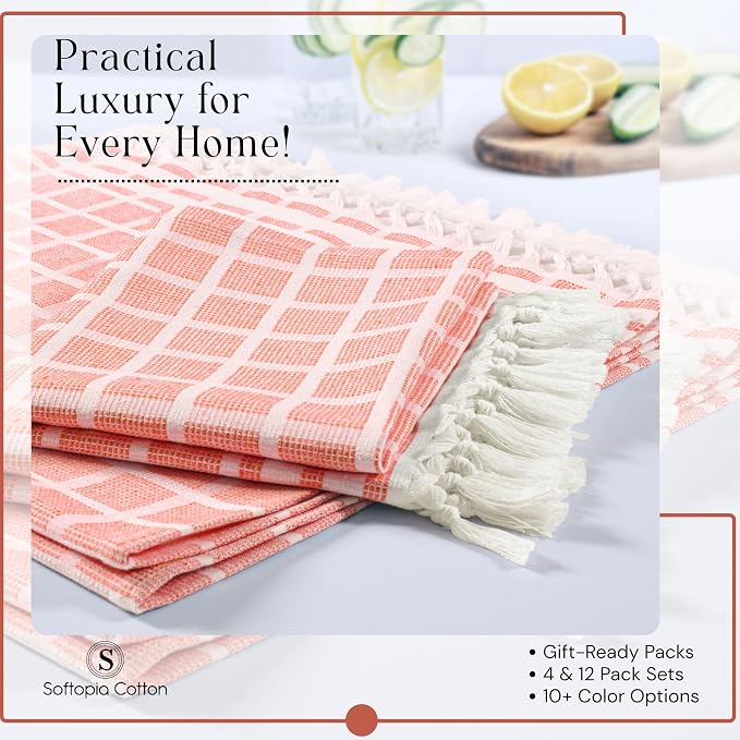 Matrix Dobby Kitchen Towels 4 Pack 100% Cotton, 16x26 Inches, Decorative Tea Towels with Handmade Tassels, Absorbent, Reusable Dish Cloths for Drying Dishes - Bright Orange, Natural