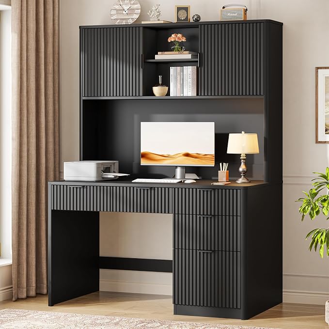 Vabches 67" H Executive Desk with Fluted Drawers,4 Drawers Fluted Computer Desk,Wood Workstation with Hutch and Barn Doors for Work and Study,Pure Black