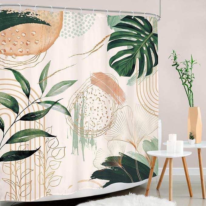 Boho Shower Curtain 60Wx72H Bohemian Modern Mid Century Abstract Sage Green Tropical Palm Leaves Plant Bathroom Decor Minimalist Geometric Neutral Bath Curtain Fabric Polyester 12 Pack Hooks