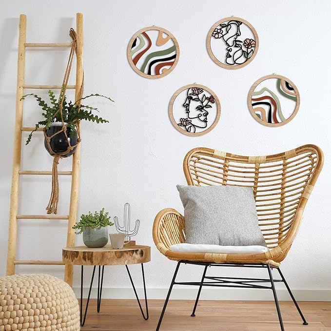 HPNIUB Boho Fashion Woman Wall Decor, Abstract Geometric Line Hanging Wooden Wall Art, 4 Pieces 10''x10'' Minimalist Aesthetic Female Women Face and Floral Wood Sign for Bedroom Living Room, Lady Gift
