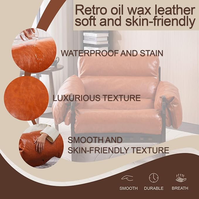 Leather Accent Chair, Mid Century Modern Lounge Chair with Removable Armrests Oil Wax Faux Leather Armchair for Living Room Bedroom Office (Retro Orange)