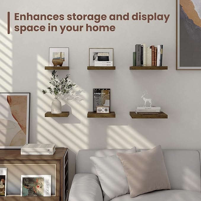 Fun Memories Floating Shelves for Wall - 7.5 Inch Square Shelves with Invisible Brackets, Small Wall Shelf for Living Room, Bathroom, Bedroom, and Kitchen Decor，Brown Set of 3
