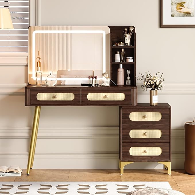 47" Vintage Makeup Vanity Table with Mirror & Lights Dark Walnut Vanity Desk with 3-Color Dimming Light 5 Drawers 3 Open Shelves Mid-Century Modern Vanity with Rattan Decor & Metal Legs