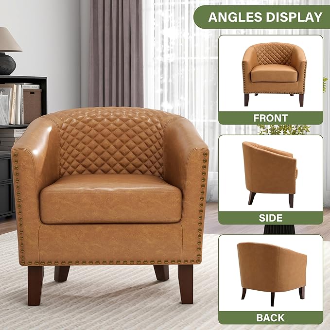 UIXE Faux Leather Barrel Accent Chair, Living Room Club Arm Chairs Modern Round Armchair Comfy Upholstered Single Sofa Reading Seat, Coffee/Light Brown
