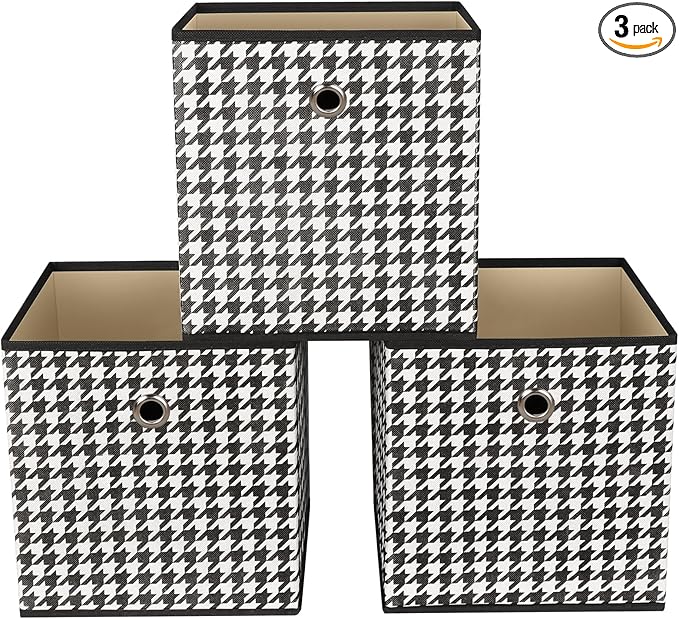 Foldable Storage Cubes Bins,11 Inch Cloth Storage Cube Fabric Storage Box Cubes Organizer Baskets with Dual Handles for Home Organizer Set of 3 (Houndstooth)