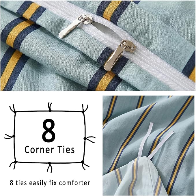 Merryword Green & Orange Striped Duvet Cover Set King Size, 100% Cotton Bedding Set with Zipper Closure & 8 Corner Ties, Luxury Linen Like Bedding, Soft Breathable Comforter Cover for All Seasons
