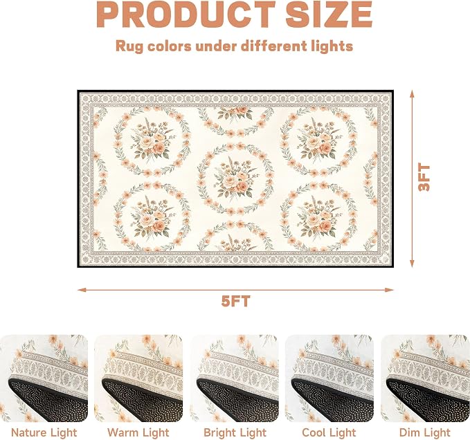 3'x5' Boho Floral Area Rug Vintage Peach Rose Carpet Non-Slip Washable Floor Mat Neutral Aesthetic Botanical Rug for Entryway Bedroom Living Room Nursery Kitchen Playroom Home Decor
