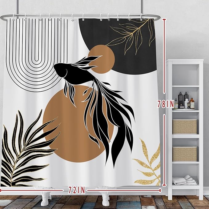 Baocicoo Boho Abstract Goldfish Shower Curtain Simple Geometric Line Aesthetic Minimalist Modern Neutral Shower Curtain for Bathroom Fabric Waterproof Durable Bath Curtain with Hooks 72x78 Inches