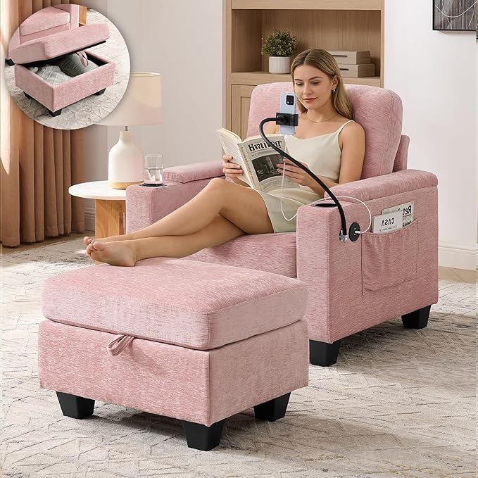 Oversized Chaise Lounge Chair Indoor, Single Convertible Recliner Reading Arm Sofa Chair W/Adjustable Backrest & Charging Port Couch Bed for Living Room, Home Theater & Bedroom, Pink