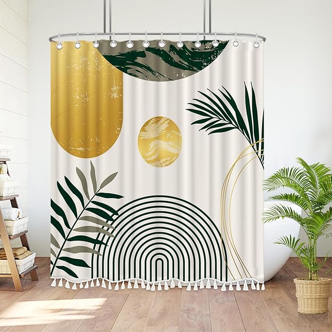 Boho Mid Century Leaf Shower Curtain Set,Arch Sun Design,Minimalistic Leaves Pattern,Waterproof and Luxurious Fabric-12 Hooks(Sage Green-72" x 72")