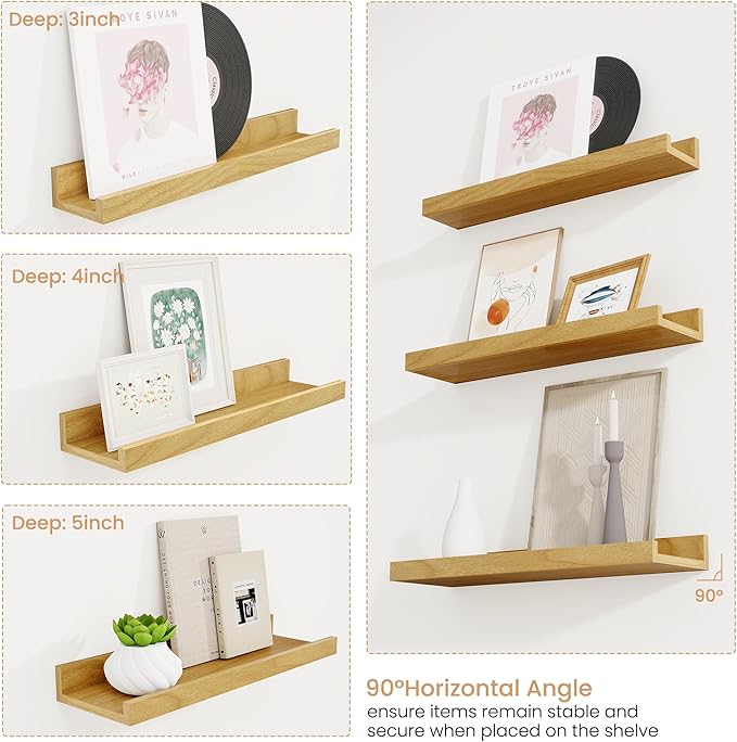 Floating Shelves Set of 6, 16 Inch Picture Ledge Shelf with Lip for Wall, Wall Mounted Display Shelf for Living Room, Bedroom, Nursery, Bathroom, Kitchen, Oak