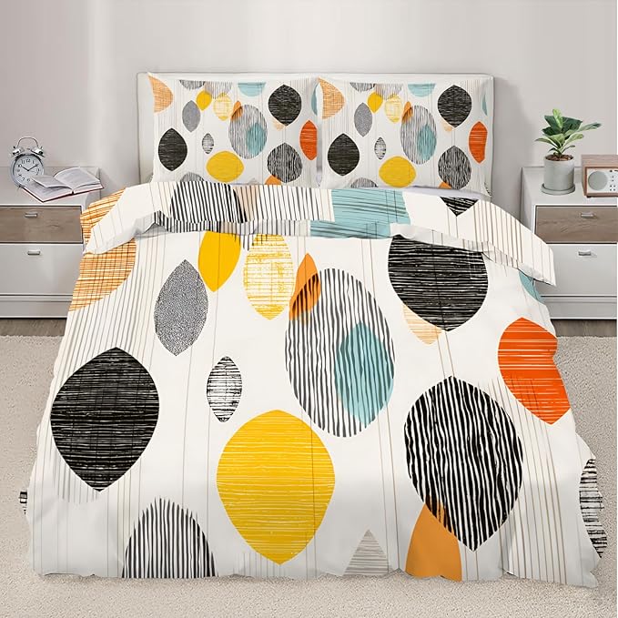 Retro Medieval Duvet Cover Full Size, Colorful Geometric Lines Bedding Set 3 Piece Bedroom Decor Modern Comforter Cover and 2 Pillow Sham with Zipper Closure