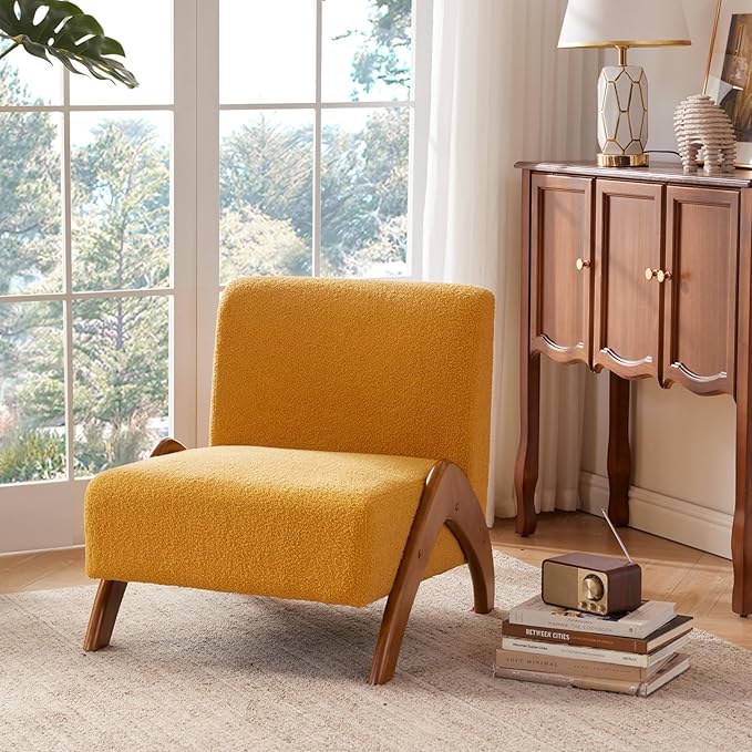 Oversized Accent Chair, upholstered armless mid Century Modern Living Room Chair with Wooden Legs for Bedroom/Office/Cafe, Sherpa Yellow