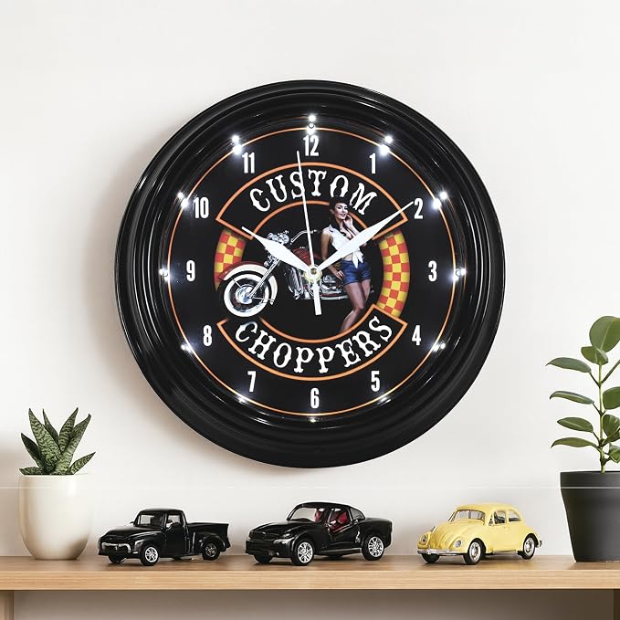 American Art Decor Custom Choppers LED Clock - 12" Wall Mounted Modern Motorcycle Wall Decor - Wall Clock for Living Room, Dorm, Mancave, Garage, Office, Game Room (Black/Orange/Red)
