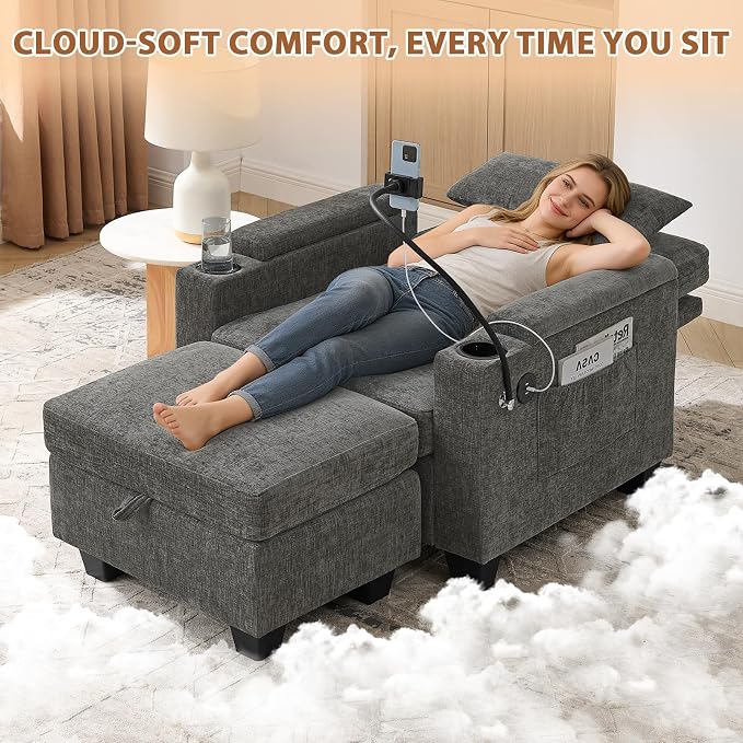 Oversized Chaise Lounge Chair Indoor, Single Convertible Recliner Reading Arm Sofa Chair W/Adjustable Backrest & Charging Port Couch Bed for Living Room, Home Theater & Bedroom, Grey