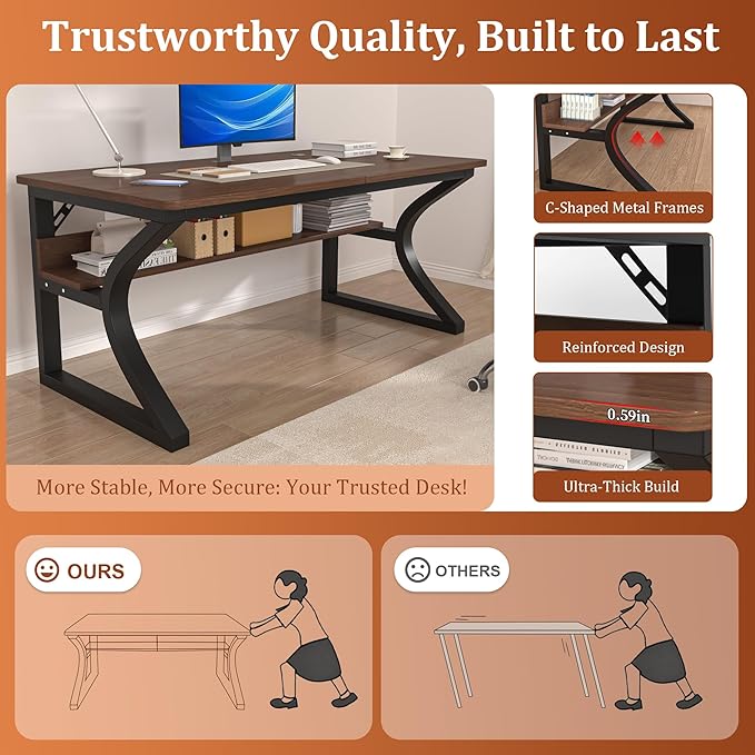 AZN Computer Desk, 47x24 in Computer Desk, Office Desk w/Storage & U-Size Metal Frame for Home Office Bedroom Gaming, Office Desk w/Water-Resistant, Scratchproof Surface, Dark Walnut