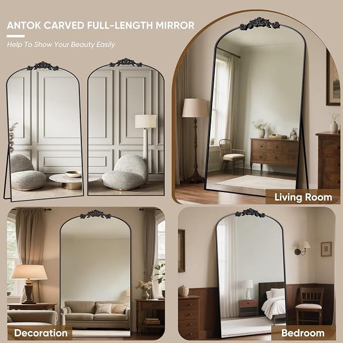 Antok Arched Full Length Mirror, 81"x41" Floor Mirror with Carved, Full Body Mirrors for HomeDecor, Standing/Halling Large Wall Mirror for Bedroom, Living Room, Cloakroom, Black, Retro Style