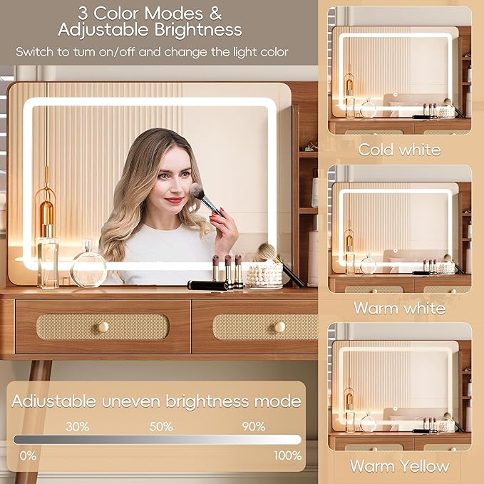 Boho Brown Vanity Desk with Mirror and Lights, Wooden Vanity Desk with Drawers & Shelves, 3 Lighting Modes Makeup Vanitys Tables for Bedroom, Dressing Room, Adjustable Brightness (Walnut)