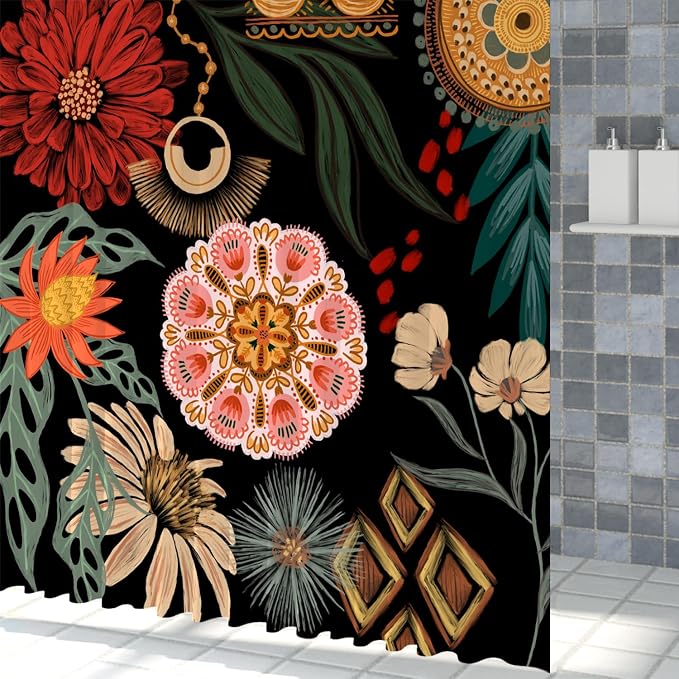 Black Boho Floral Shower Curtain Abstract Botanical Mid Century Modern Bathroom Decor Tropical Flower Shower Curtain with 12 Hooks,72x72 inches