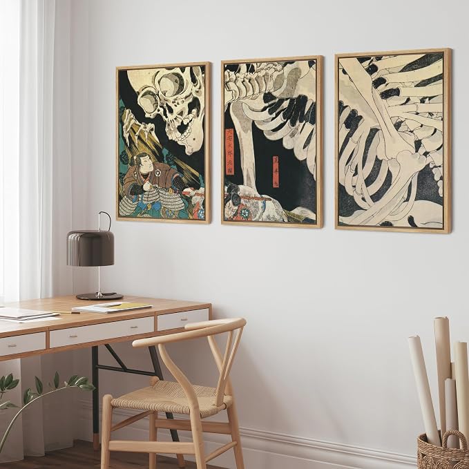 wall26 Framed Wall Art Print Set Witch & Skeleton Ukiyo-E by Utagawa Takiyasha Historic Cultural Illustrations Fine Art Chic Scenic Multicolor for Living Room, Bedroom, Office - 24"x36"x3 Natural
