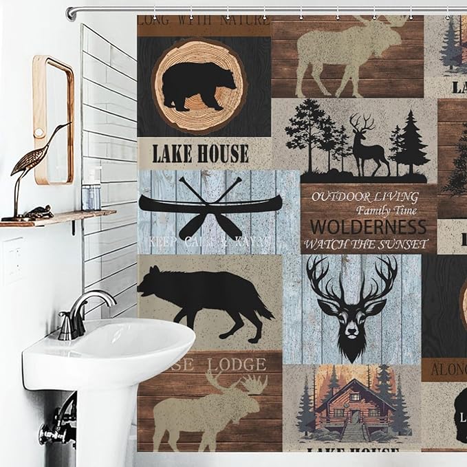 Rustic Cabin Shower Curtain Bear Deer Forest Wildlife Country Lodge Hunting Camping Animal Farmhouse Vintage Waterproof Shower Curtains for Bathroom Decor 12 Pack Hooks 72x72in (183x183cm