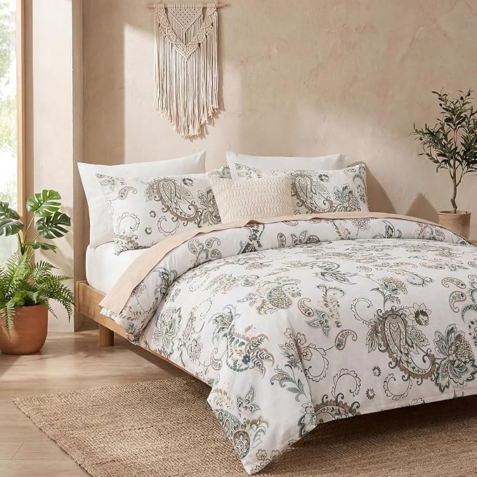 Cozeline 100% Cotton Duvet Cover Queen Size, Green Paisley Bedding Set with Zipper Closure, 3 Pcs Breathable and Soft Duvet Cover for All Season