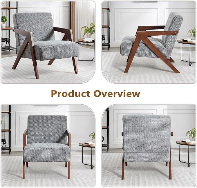 Bonzy Home Mid-Century Modern Accent Chair with Solid Wood Frame, Upholstered Armchair for Bedroom & Living Room,Reading Side Chair with Soft Lien Fabric Cushion,Easy Assembly