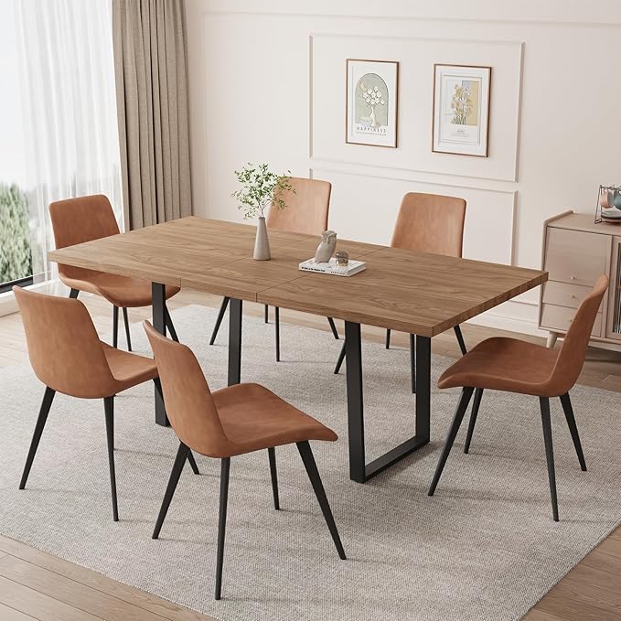 ZckyCine Expandable Walnut Dining Table, 67" to 51" Extendable Rectangular Table with Thickened Top and Metal U-Shaped Legs, Modern Wood Dining Table for Kitchen Dining Room