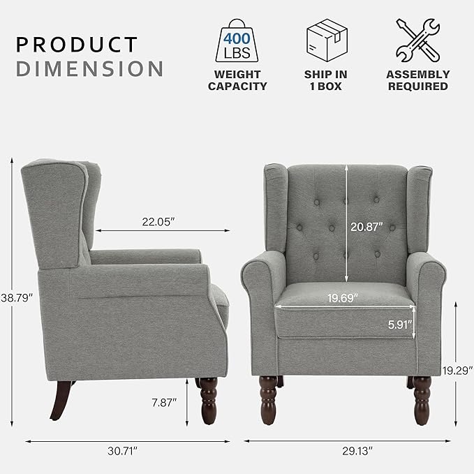 Accent Chairs Set of 2, High Back Upholstered Chair with Button Tufted, Mid-Century Modern Comfy Wingback Chair Reading Armchair in Fabric for Living Room for Bedroom, Office-Light Gray