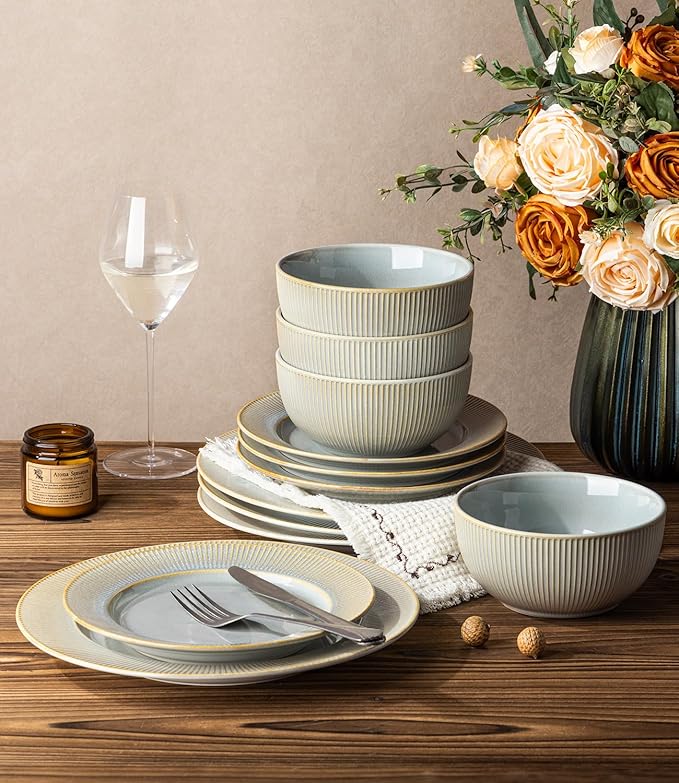 TheTerra Stoneware Dinnerware Sets for 6, 18 Pieces Ceramic Lightweight Plates and Bowls Sets, Scratch Resistant Embossed Dish Set, Oven, Microwave & Dishwasher Safe, Desert Sage