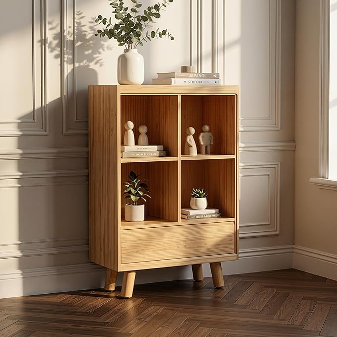 YOSHOOT 4 Cube Bookshelf with 1 Drawer - 21.7" Wood Cube Bookcase with Legs, Open Cubby Bookshelves for Bedroom, Living Room,Home Office, Nature