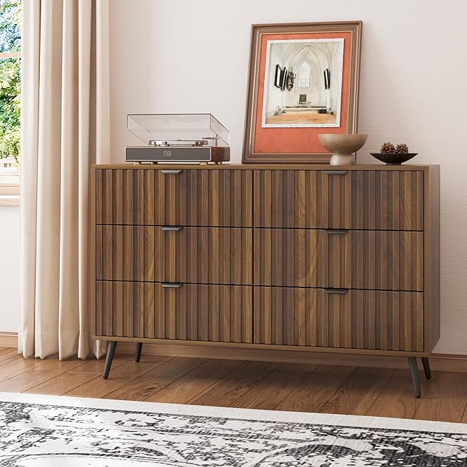 Fluted 6 Drawers Dresser, 47.24" W Modern Chest of Drawers,Wood Farmhouse Dresser Drawer Organizer for Bedroom, Living Room, Hallway, Entryway, Walnut