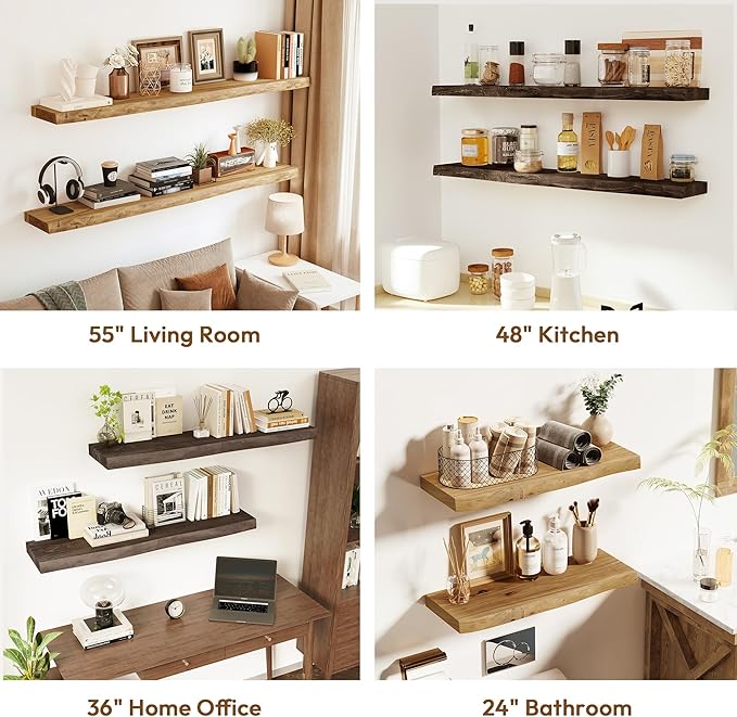Vivelove Live Edge Floating Shelves Set of 2, Solid Elm Wood Wall Display Shelf with Invisible Bracket for Living Room Bedroom Bathroom Office, Rustic Farmhouse, 36 inch - Dark Walnut