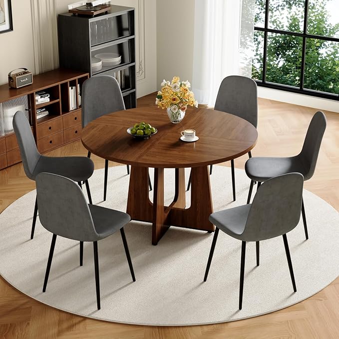 47" Round Dining Table Set for 6, Walnut Wood Grain Table and 6 Dark Gray Linen Upholstered Chairs Set, Mid Century Modern Kitchen Table Set with Cross Legs
