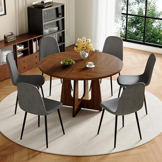 47" Round Dining Table Set for 6, Walnut Wood Grain Table and 6 Dark Gray Linen Upholstered Chairs Set, Mid Century Modern Kitchen Table Set with Cross Legs