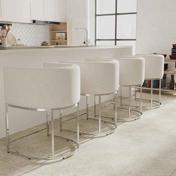 Contemporary Cream Linen Bar Stools Set of 4, 24" Upholstered Fabric Counter Height Barstools Kitchen Counter Island Stools with Screwed Together Chrome Finish Base