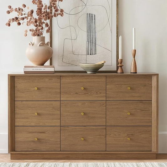 9 Drawer Dresser, Mid Century Modern Dresser with Storage, 55" Wide Chest of Drawers with Wood Grain Texture, Dressers TV Stand for Bedroom, Living Room, Hallway, Walnut
