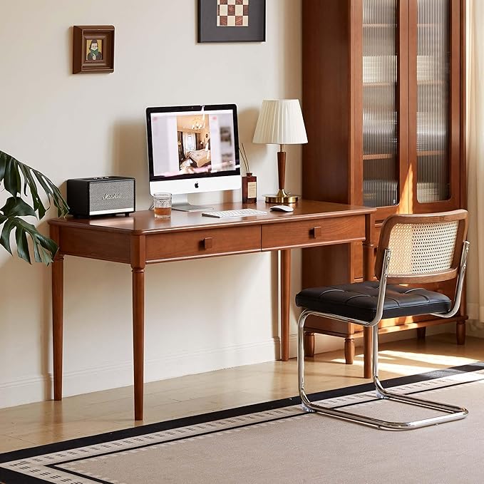 Solid Wood Computer Desk, Mid-Century Modern Home Office Desk with Drawers for Study, Working, Home Office 55" W