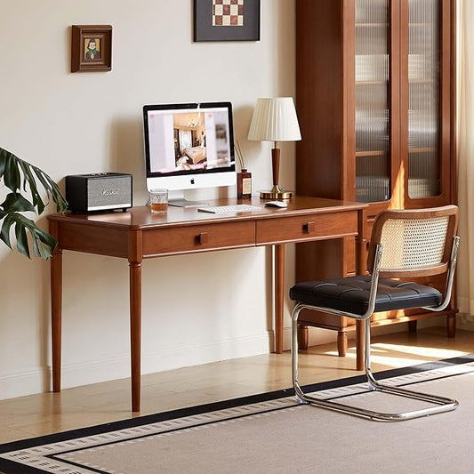 Solid Wood Computer Desk, Mid-Century Modern Home Office Desk with Drawers for Study, Working, Home Office 55" W