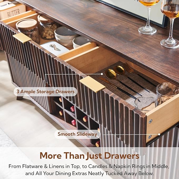 OKD 60" Fluted Wine Bar Cabinet, Modern Wood Coffee Bar Cabinet - 3 Storage Drawers, 2 Side Cabinets with Adjustable Shelf, Racks for Wine & Glass/Mug, Sideboard for Kitchen, Dining Room, Walnut