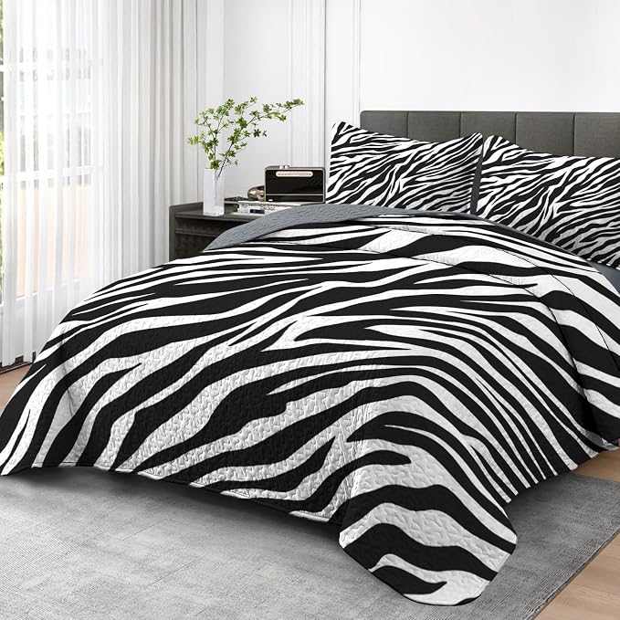 Pamnest Quilt Set Full/Queen Size, Zebra Stripe Animal 3 Pcs Soft Bed Cover Bedding Set for Kids and Adults, Black White Lightweight Bedspread Coverlet with Pillow Sham for All Season