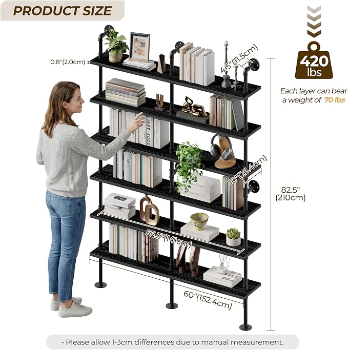 6 Tier Industrial Ladder Shelf Bookcase, Wall Mounted Rustic Bookshelf for Living Room Decor and Storage (Black, 6 Tier - 10" D x 60" W x 82.5" H)