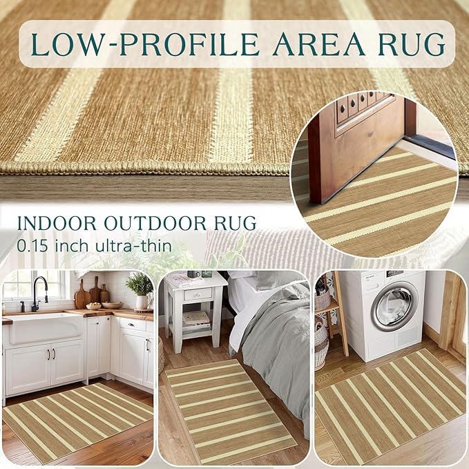 Front Door Rug - 2x3 Non-Slip Door Mat Washable Doormat Indoor Outdoor Entrance Tan Beige Striped Small Throw Rugs for Entryway Bedroom Laundry Room Kitchen Mat for Floor Front Porch Decor