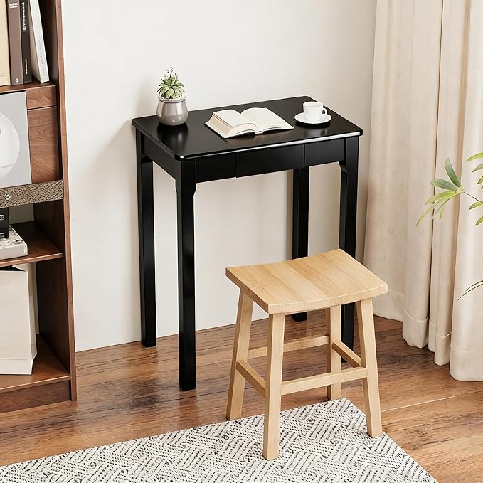 Solid Wood Desk with Drawers - 24 x 16 Inch Simple Narrow Desks, Rubber Wood Study Table, Small Writing Desk for Small Spaces|Bedroom - Modern Black Desks