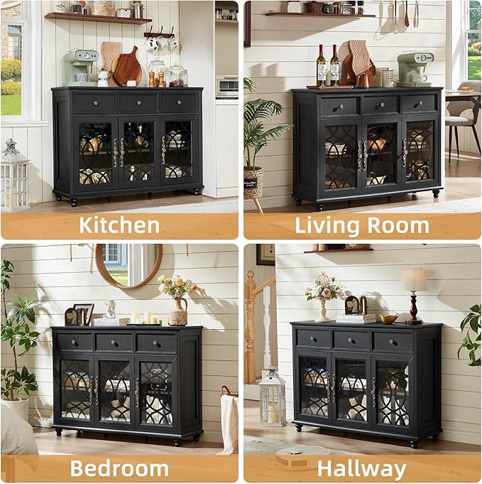 Farmhouse Sideboard Buffet Cabinet Set of 2 with Storage,48" Large Credenza with 3 Glass Doors & 3 Drawers,Adjustable Shelves Console Table,Wood Kitchen Coffee Bar for Dining Room,Black