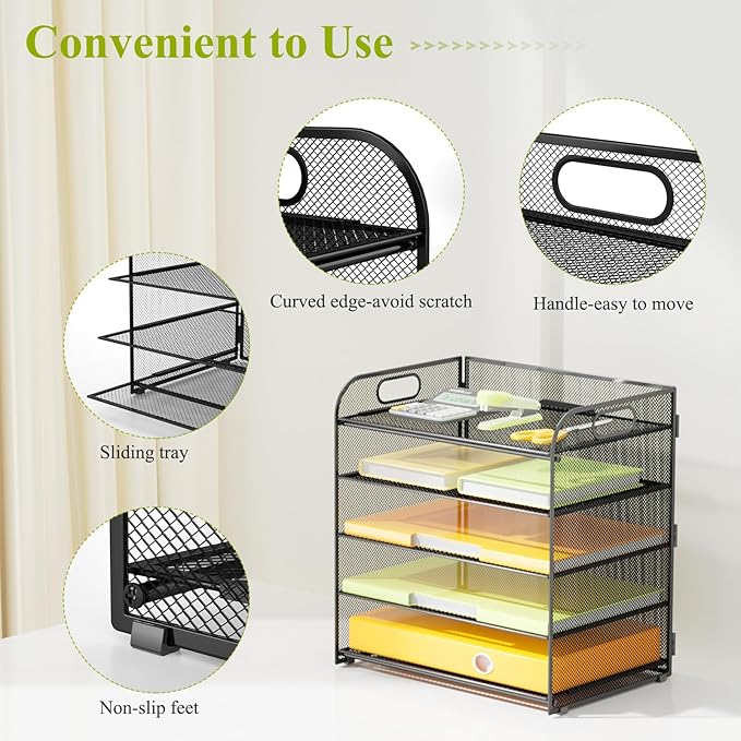 VIEERINN 5 Tier Paper Letter Tray Organizer with Handles, Mesh Desk File Organizer Metal Paper Sorter Holder, Desktop Document Shelf Tray Storage Organization for Office School Home